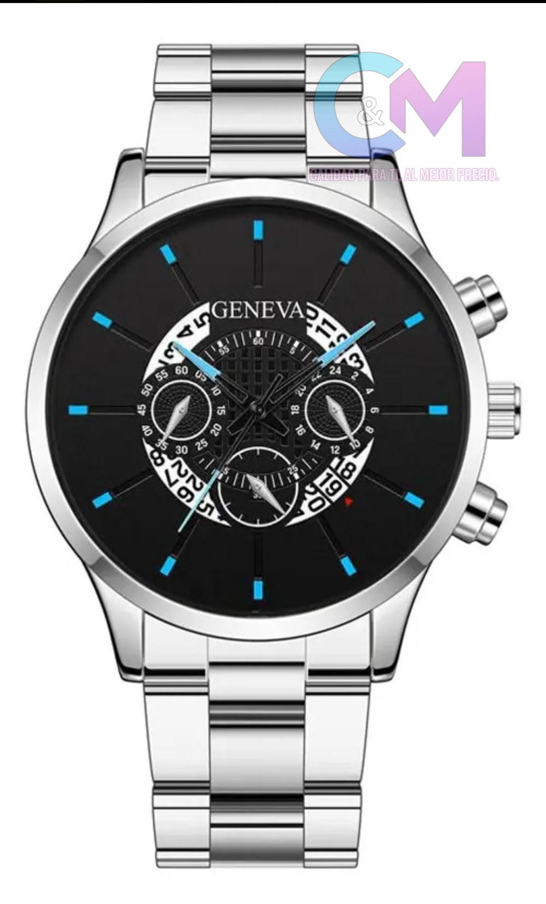 RELOJ PLATEADA DE GENEVA DE PANTALLA NEGRO CON MANIJA Y NUMERO DE RALLITA AZUL